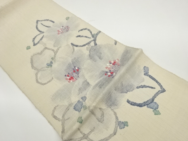 手織り真綿紬花葉模様織出し名古屋帯